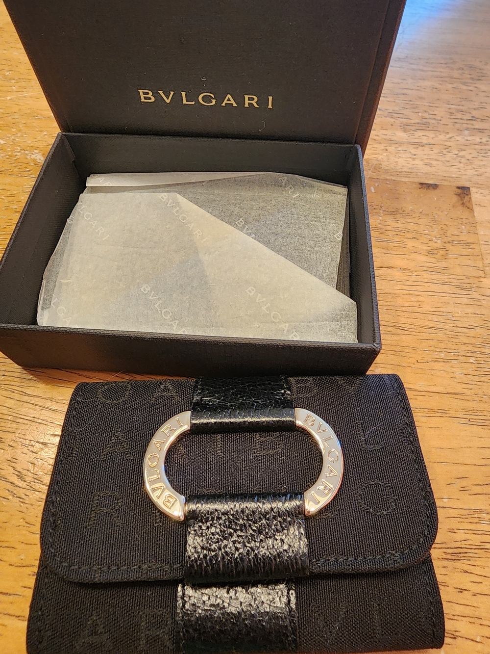 Bvlgari Logomania key case  black monogram canvas body with a silver-tone Logo